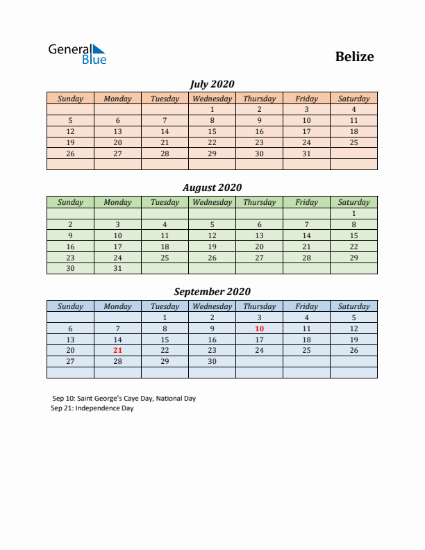 Q3 2020 Holiday Calendar - Belize