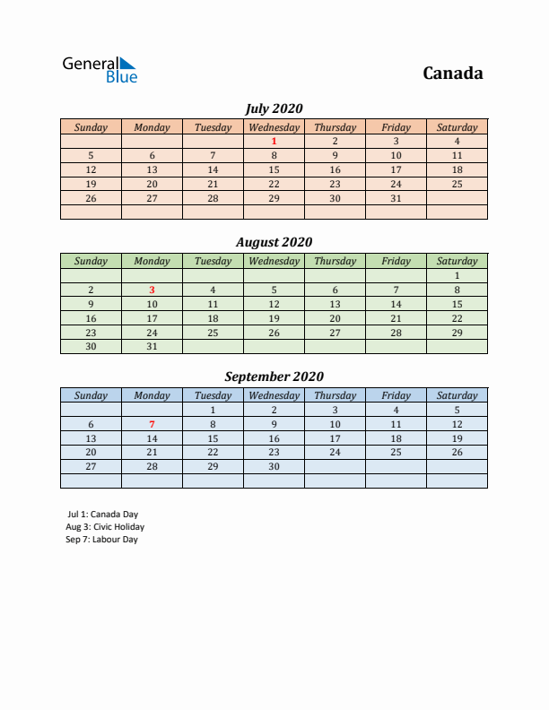 Q3 2020 Holiday Calendar - Canada