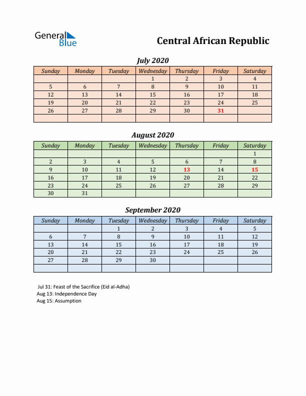 Q3 2020 Holiday Calendar - Central African Republic