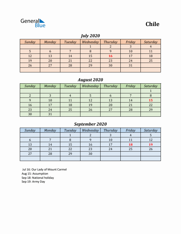 Q3 2020 Holiday Calendar - Chile