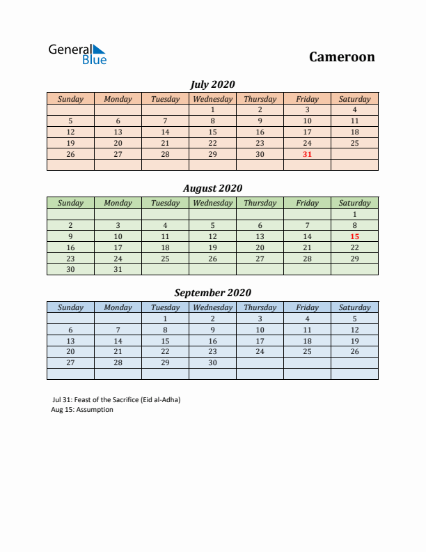 Q3 2020 Holiday Calendar - Cameroon