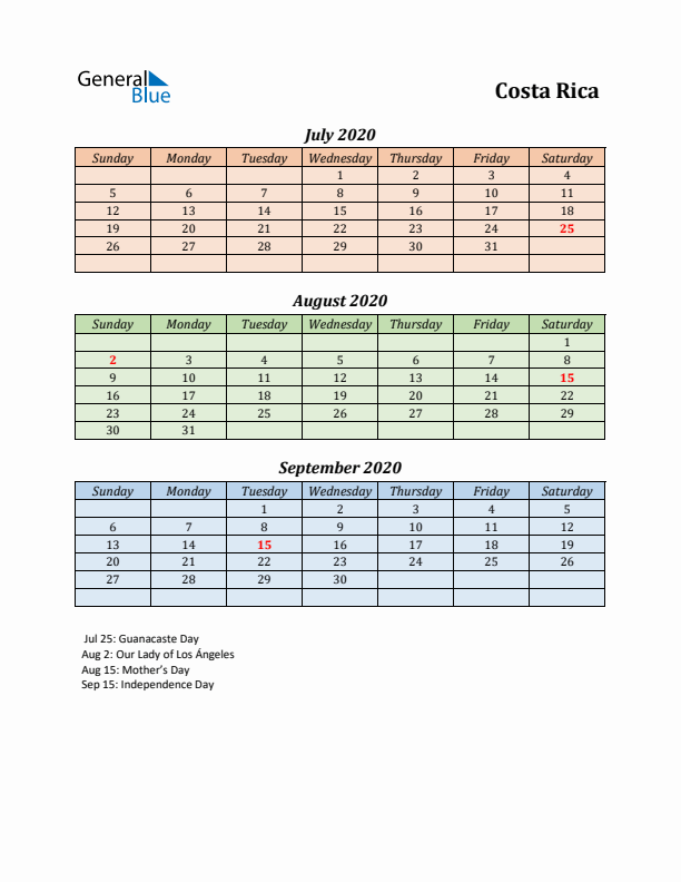 Q3 2020 Holiday Calendar - Costa Rica