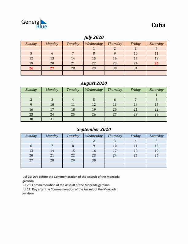 Q3 2020 Holiday Calendar - Cuba