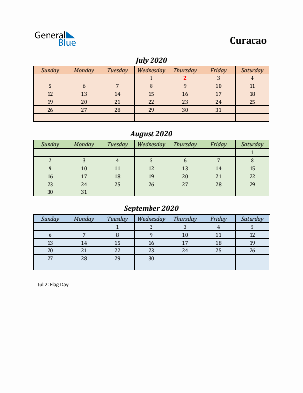 Q3 2020 Holiday Calendar - Curacao