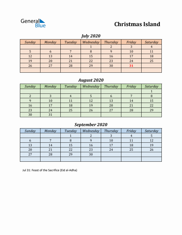 Q3 2020 Holiday Calendar - Christmas Island