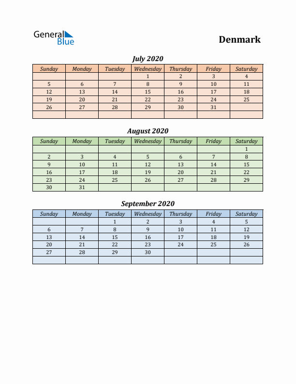 Q3 2020 Holiday Calendar - Denmark