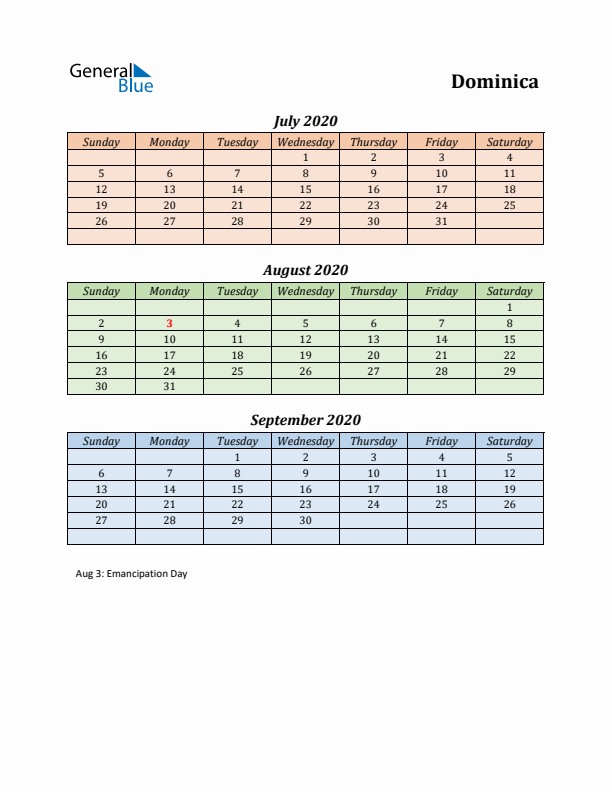 Q3 2020 Holiday Calendar - Dominica