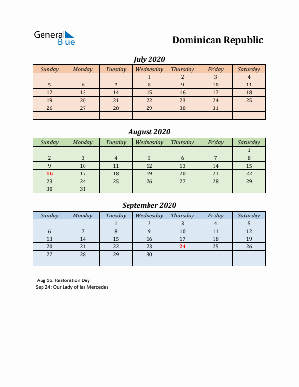 Q3 2020 Holiday Calendar - Dominican Republic