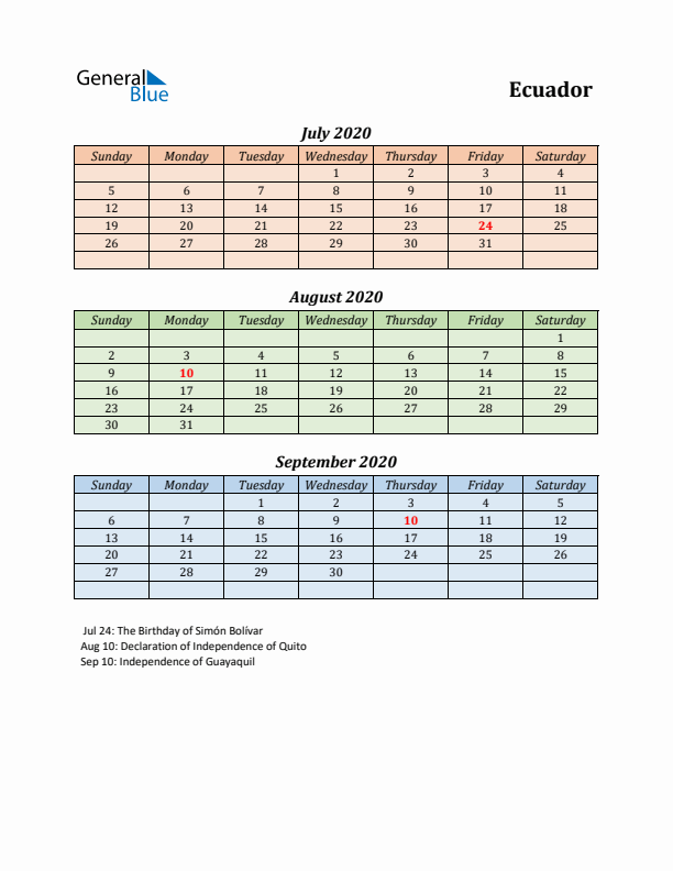 Q3 2020 Holiday Calendar - Ecuador