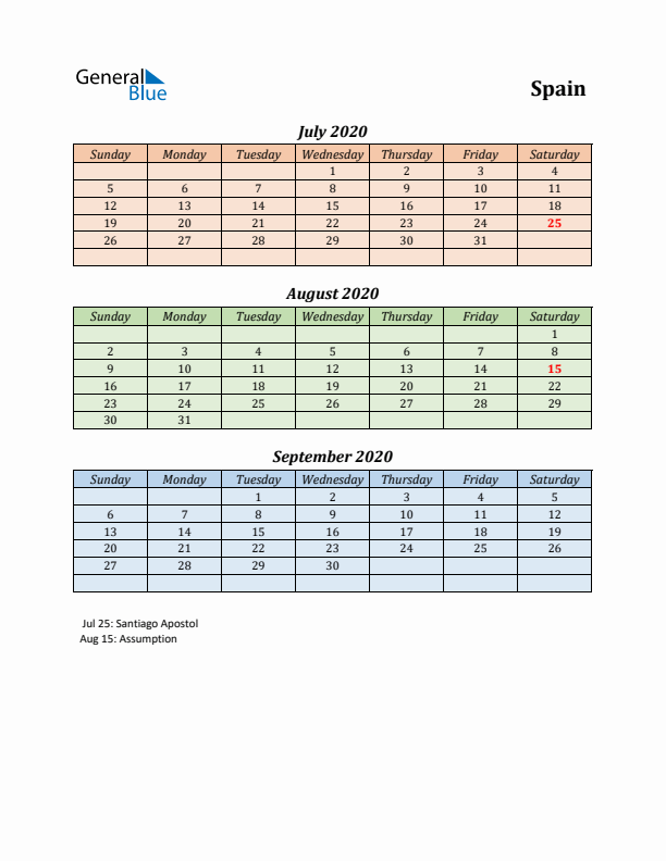 Q3 2020 Holiday Calendar - Spain