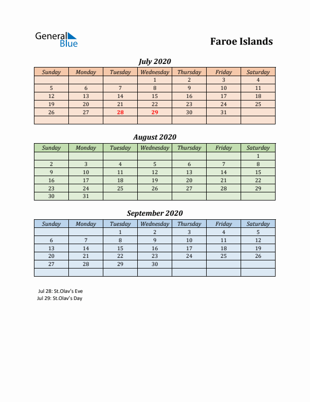 Q3 2020 Holiday Calendar - Faroe Islands