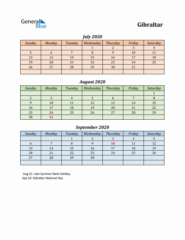 Q3 2020 Holiday Calendar - Gibraltar