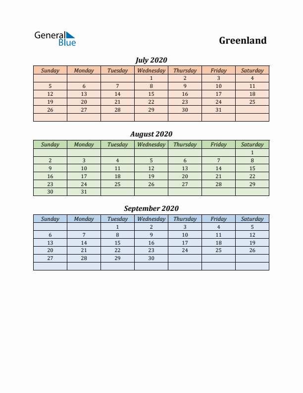 Q3 2020 Holiday Calendar - Greenland