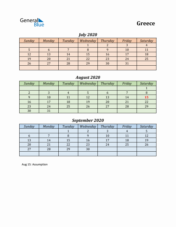 Q3 2020 Holiday Calendar - Greece