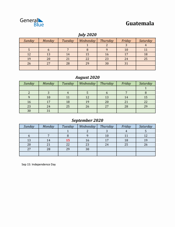 Q3 2020 Holiday Calendar - Guatemala