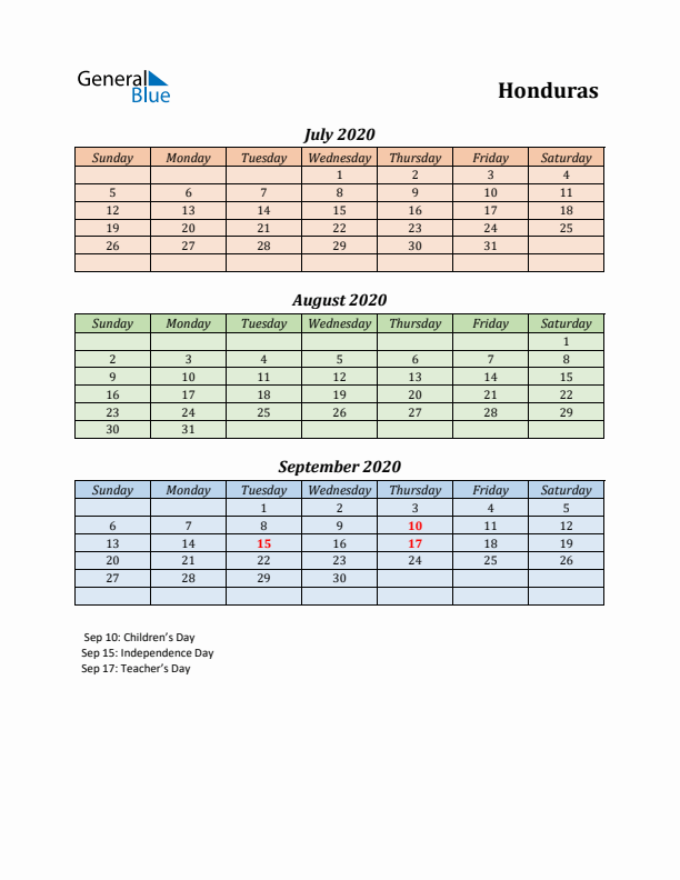 Q3 2020 Holiday Calendar - Honduras