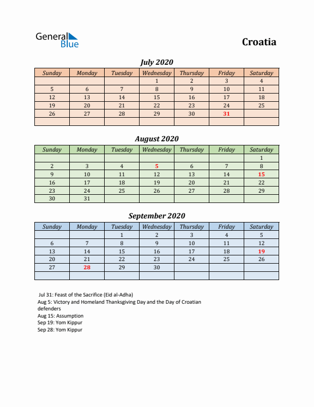 Q3 2020 Holiday Calendar - Croatia