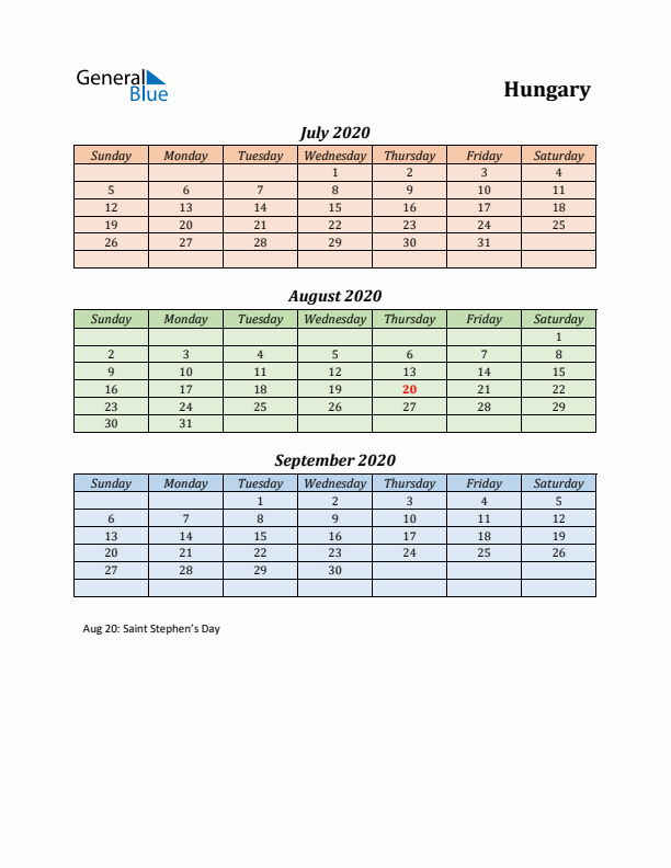 Q3 2020 Holiday Calendar - Hungary