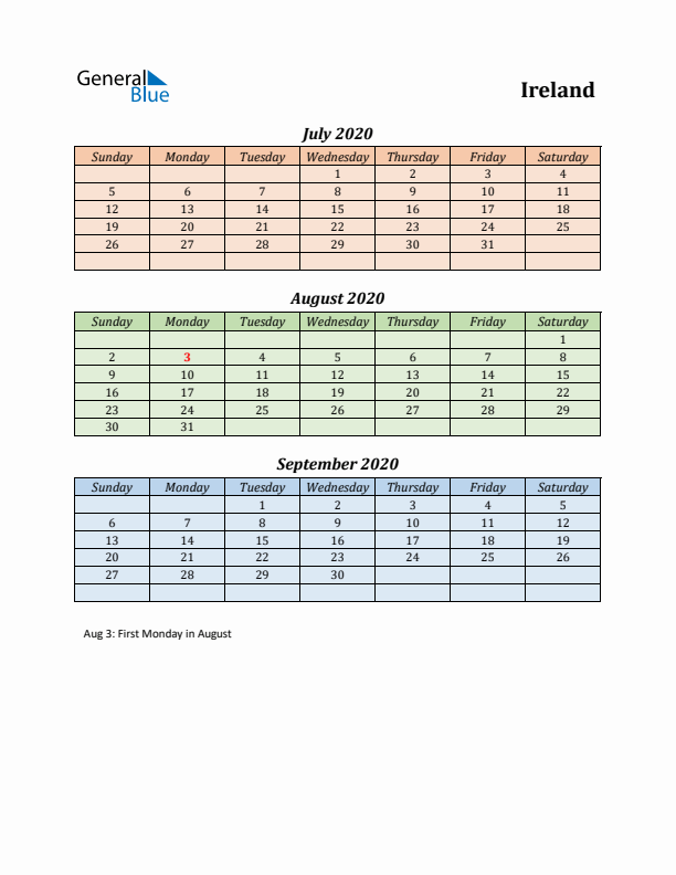 Q3 2020 Holiday Calendar - Ireland