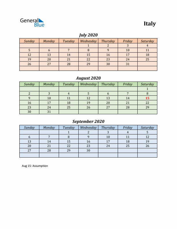 Q3 2020 Holiday Calendar - Italy