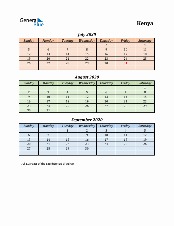 Q3 2020 Holiday Calendar - Kenya