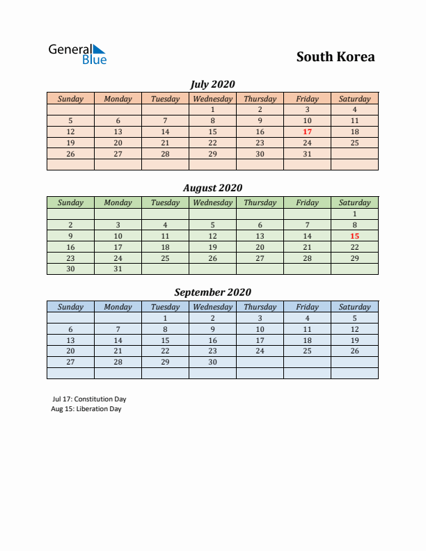 Q3 2020 Holiday Calendar - South Korea