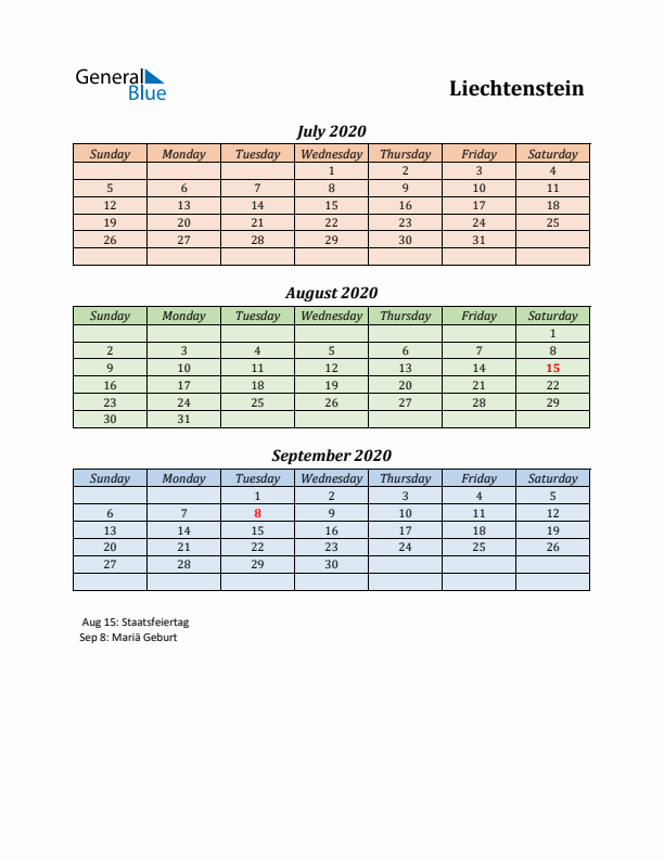 Q3 2020 Holiday Calendar - Liechtenstein