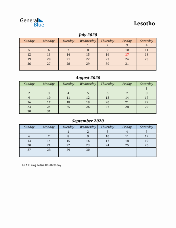 Q3 2020 Holiday Calendar - Lesotho