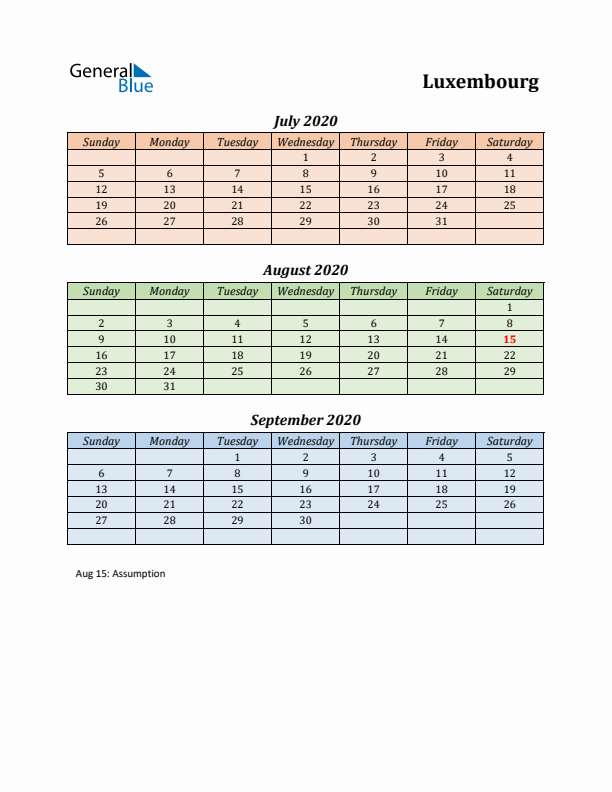 Q3 2020 Holiday Calendar - Luxembourg