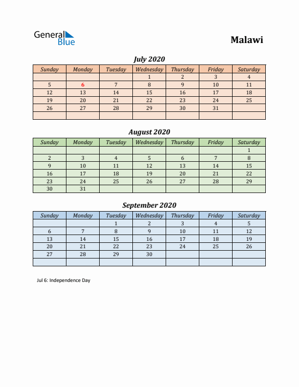 Q3 2020 Holiday Calendar - Malawi