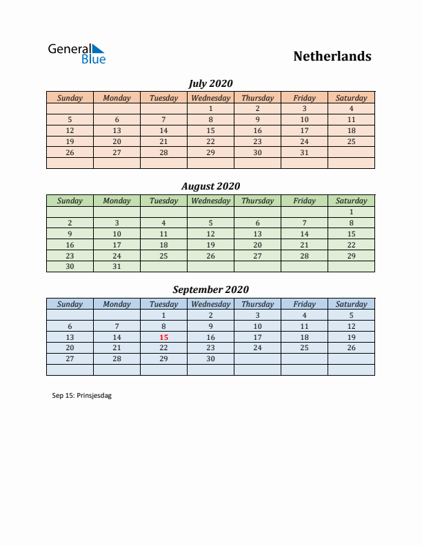 Q3 2020 Holiday Calendar - The Netherlands