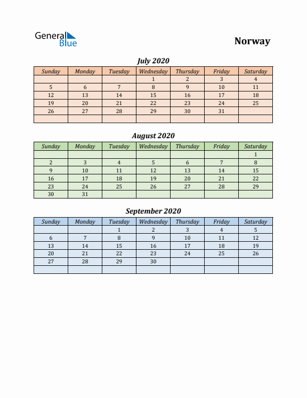 Q3 2020 Holiday Calendar - Norway