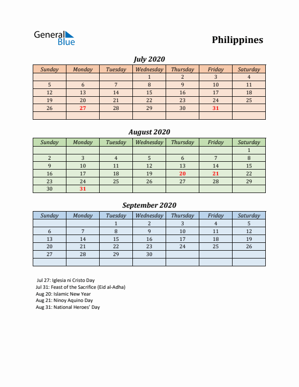 Q3 2020 Holiday Calendar - Philippines