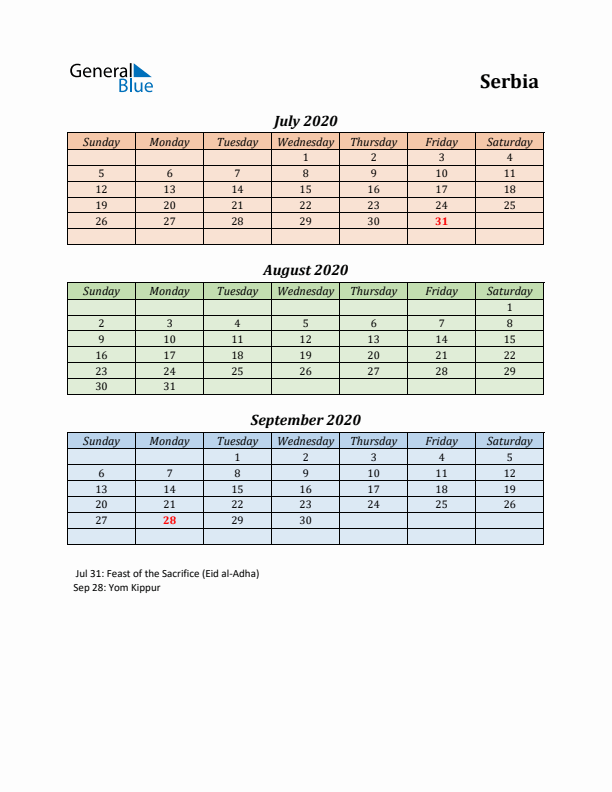 Q3 2020 Holiday Calendar - Serbia