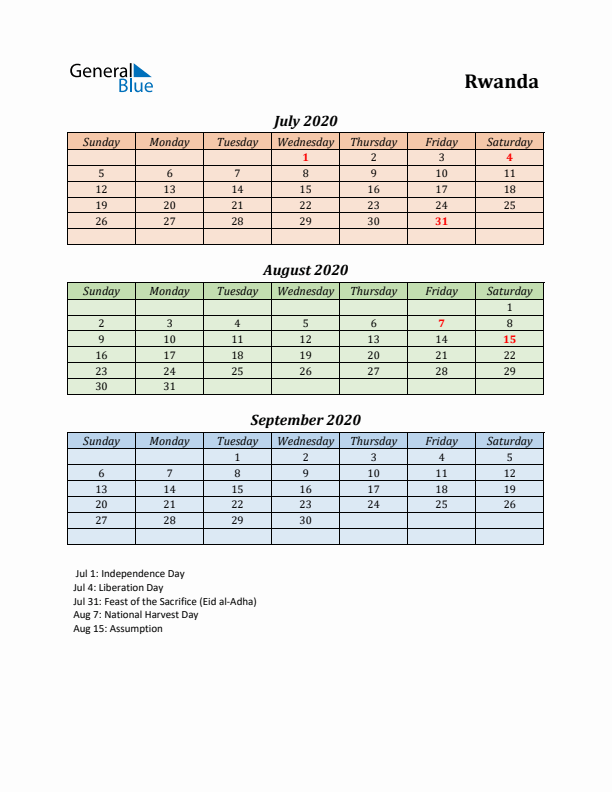 Q3 2020 Holiday Calendar - Rwanda