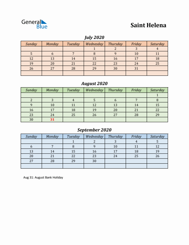 Q3 2020 Holiday Calendar - Saint Helena