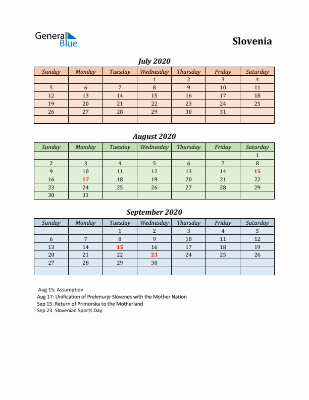 Q3 2020 Holiday Calendar - Slovenia