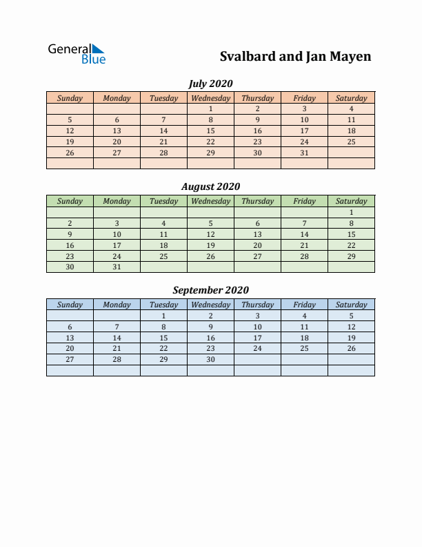 Q3 2020 Holiday Calendar - Svalbard and Jan Mayen