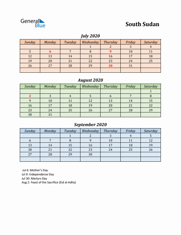 Q3 2020 Holiday Calendar - South Sudan