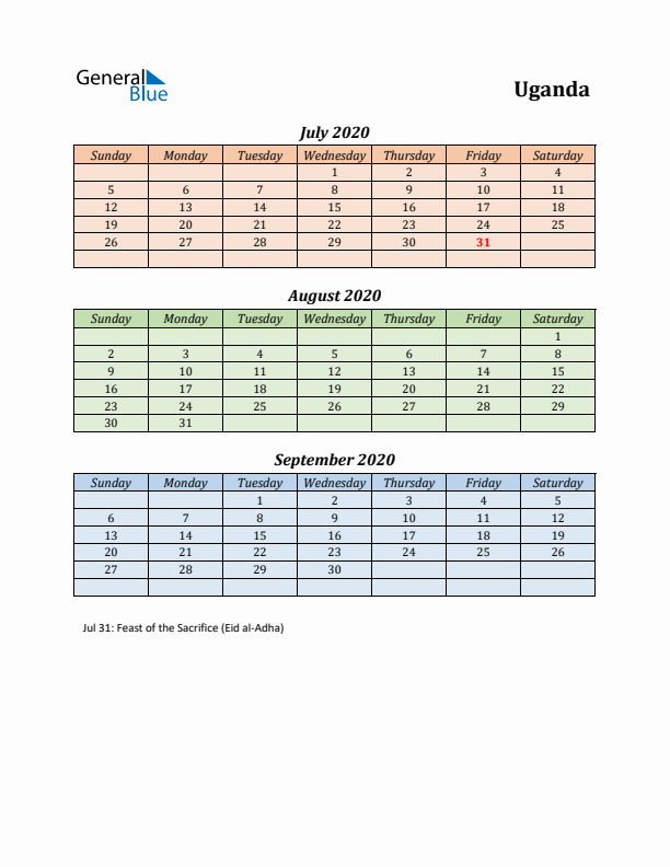 Q3 2020 Holiday Calendar - Uganda