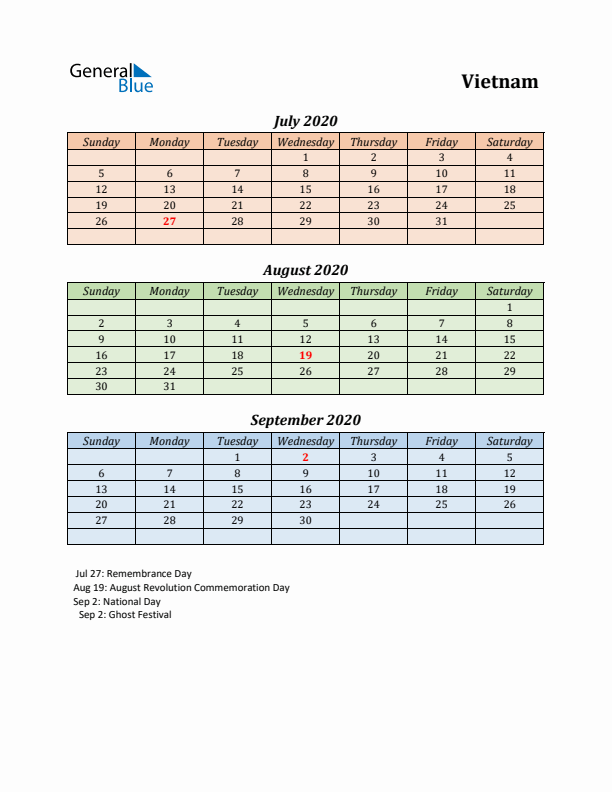 Q3 2020 Holiday Calendar - Vietnam