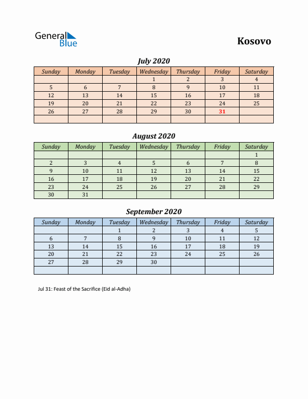 Q3 2020 Holiday Calendar - Kosovo