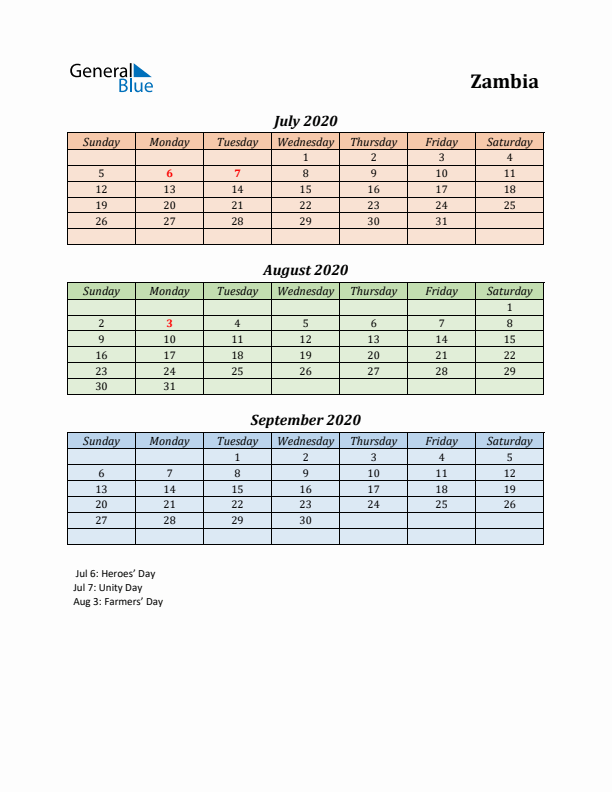 Q3 2020 Holiday Calendar - Zambia