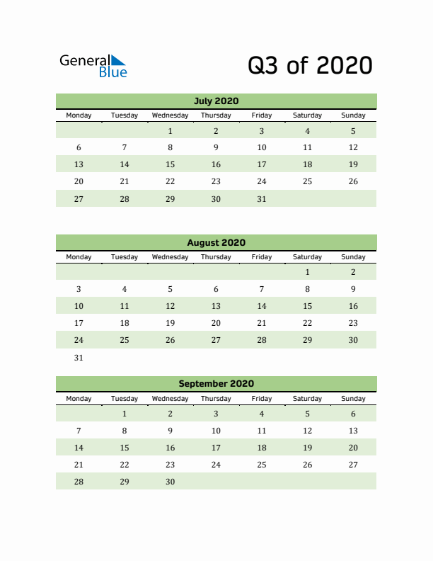 Printable Quarterly Calendar (Q3 2020)