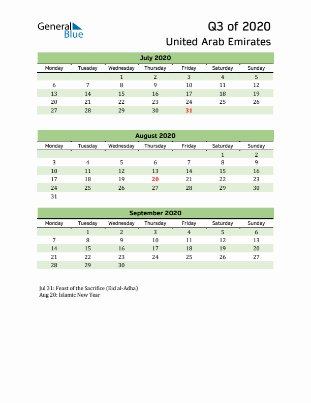 Quarterly Calendar 2020 with United Arab Emirates Holidays