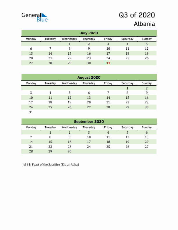 Quarterly Calendar 2020 with Albania Holidays