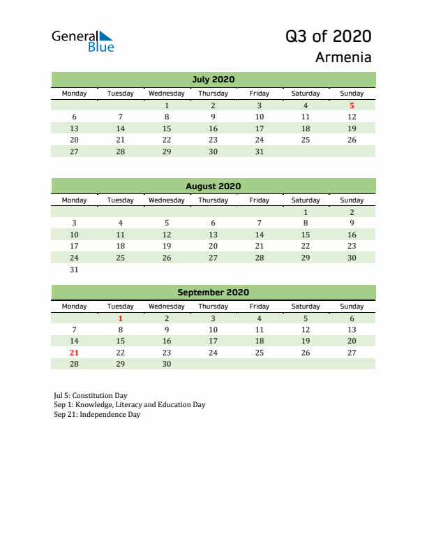 Quarterly Calendar 2020 with Armenia Holidays