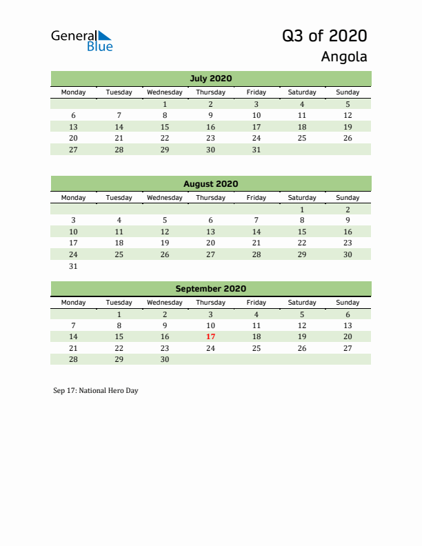 Quarterly Calendar 2020 with Angola Holidays