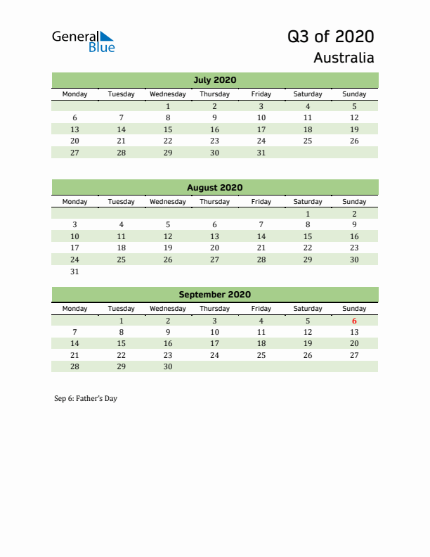 Quarterly Calendar 2020 with Australia Holidays