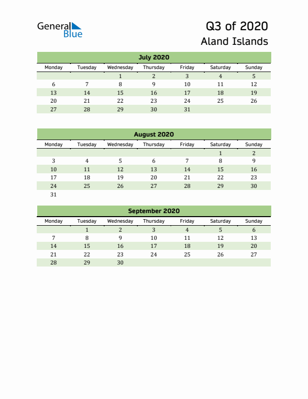 Quarterly Calendar 2020 with Aland Islands Holidays